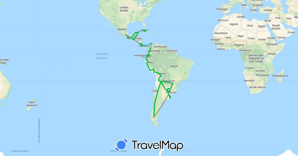 TravelMap itinerary: driving, bus, plane, boat in Argentina, Bolivia, Belize, Chile, Colombia, Costa Rica, Cuba, Ecuador, Guatemala, Mexico, Panama, Peru (North America, South America)